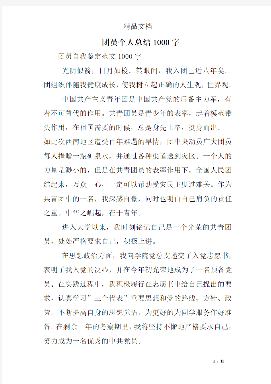 团员个人总结1000字