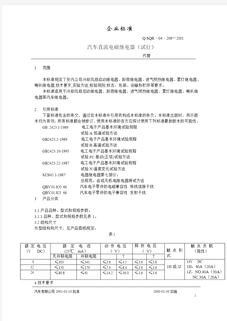 汽车继电器标准内容..