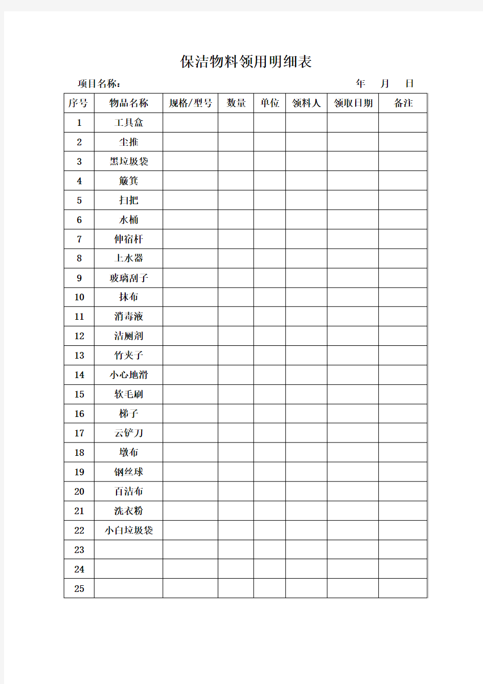 保洁物料领用明细表