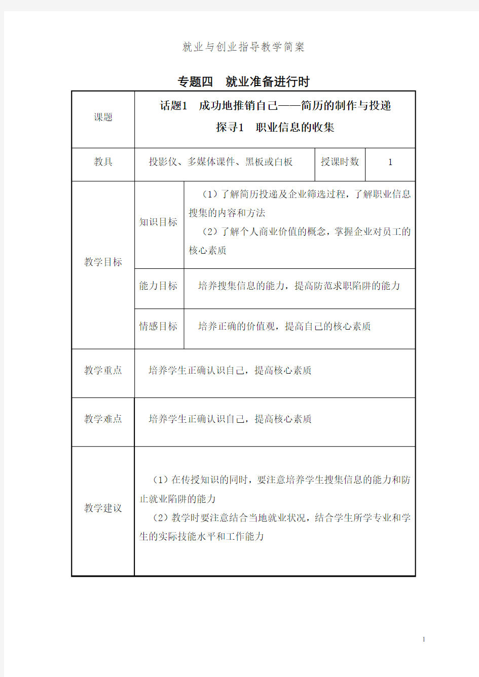 《就业与创业指导》教案专题四就业准备进行时(2017最新版全国职业院校通用教材)