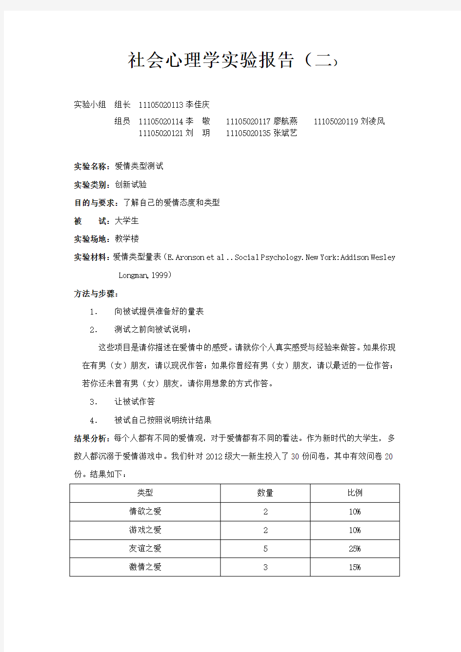 社会心理学实验报告1-爱情类型测试