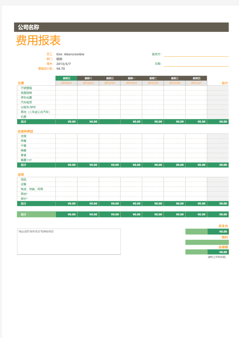 公司费用报销表格