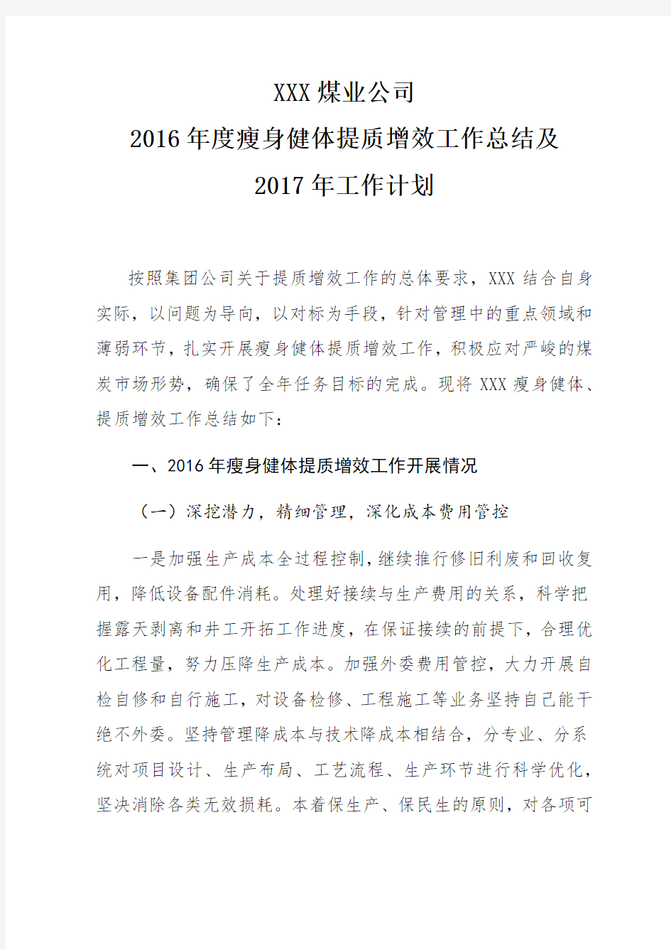 XXX公司2016年度提质增效工作总结及2017年工作计划(DOC6页).docx