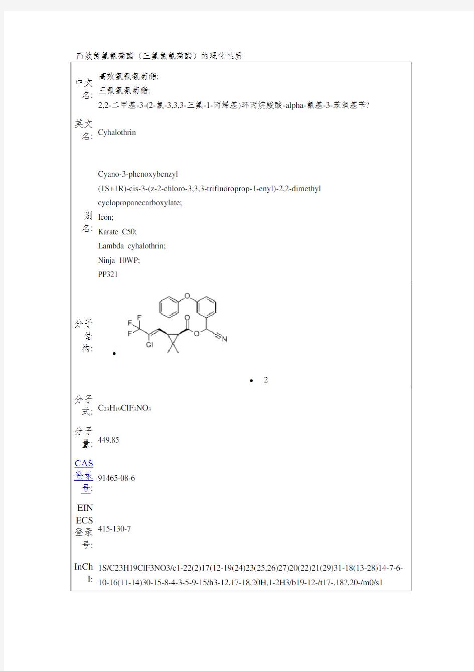 高效氯氟氰菊酯(三氟氯氰菊酯)的理化性质