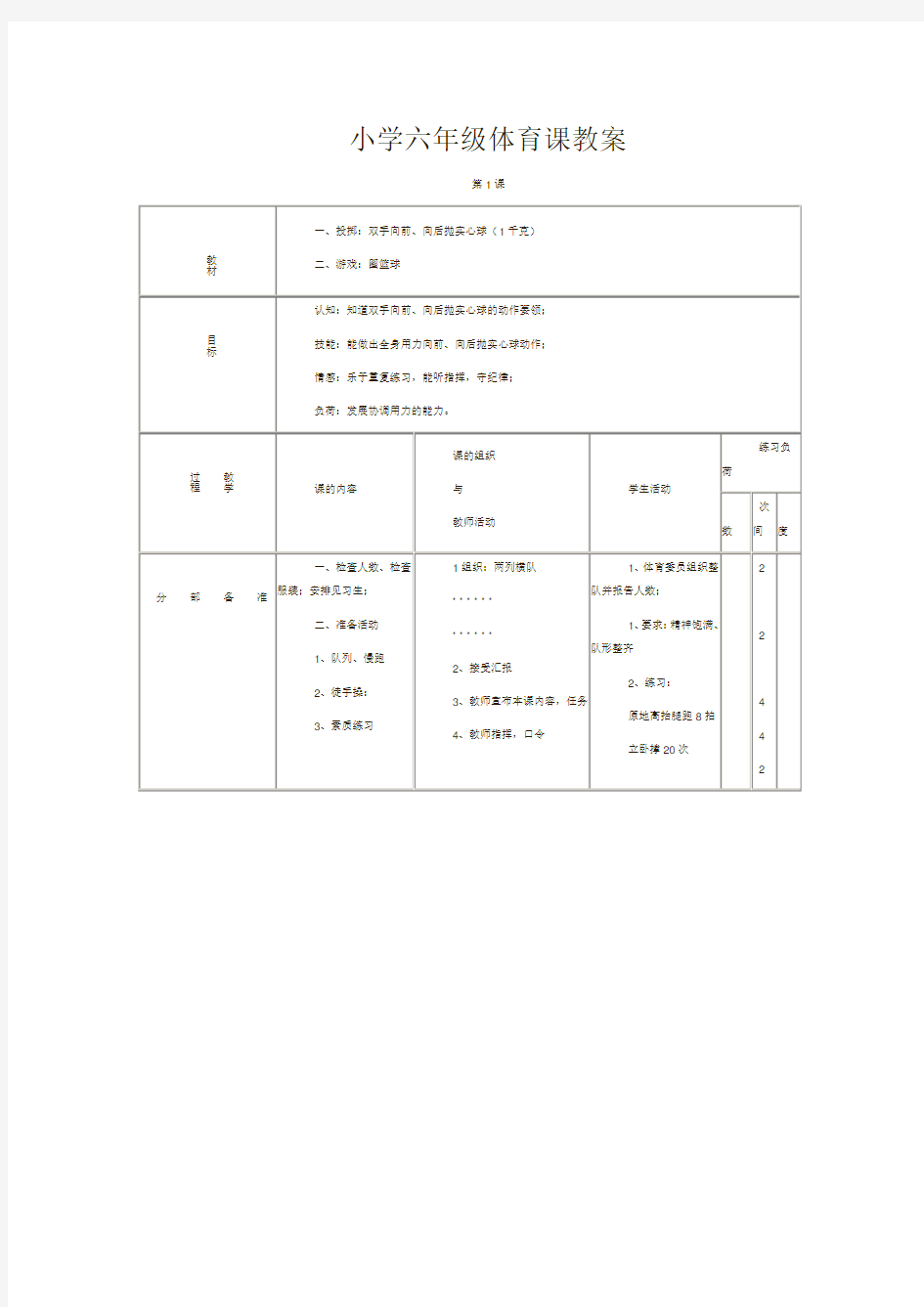 小学六年级体育课教案(好)