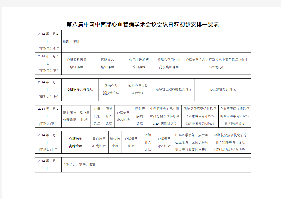 第八届中国中西部心血管病学术会议会议日程初步安排一览表【模板】