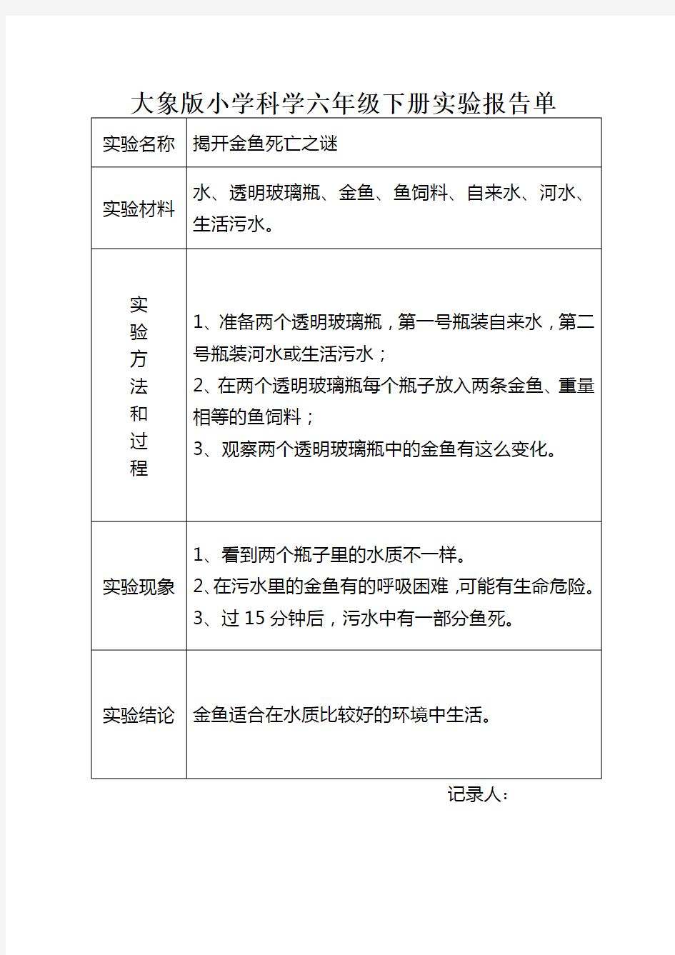 (完整版)大象版小学科学六年级下册实验报告单