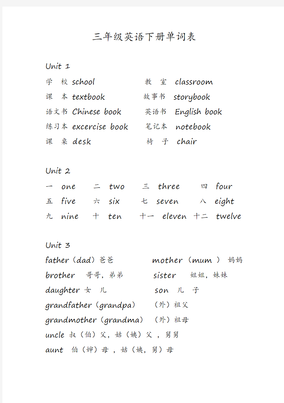 三年级英语下册单词表