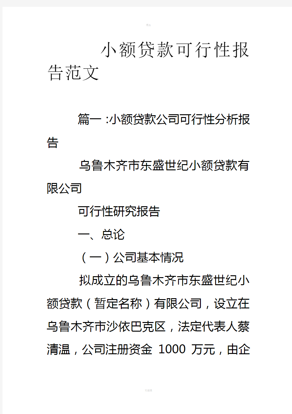 小额贷款可行性报告范文