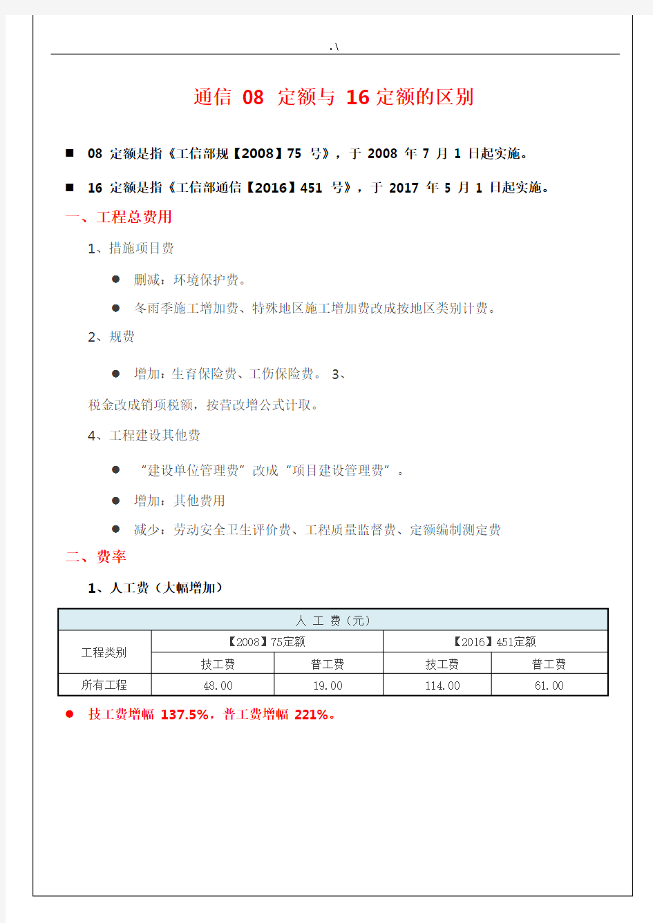 通信【2008】75定额与【2016年度】451定额的区别