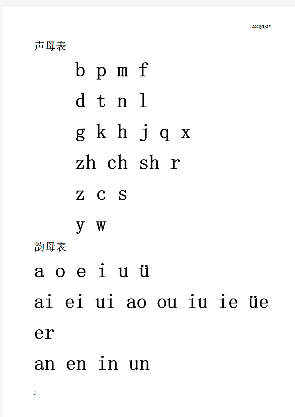 汉语拼音字母表完整可打印