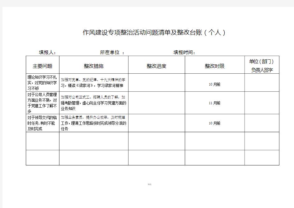 个人作风建设专项整治活动问题清单及整改台账