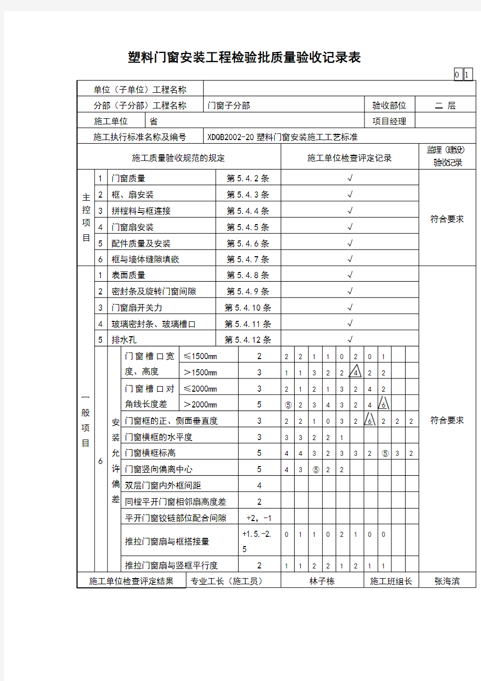 塑料门窗安装工程检验批质量验收记录