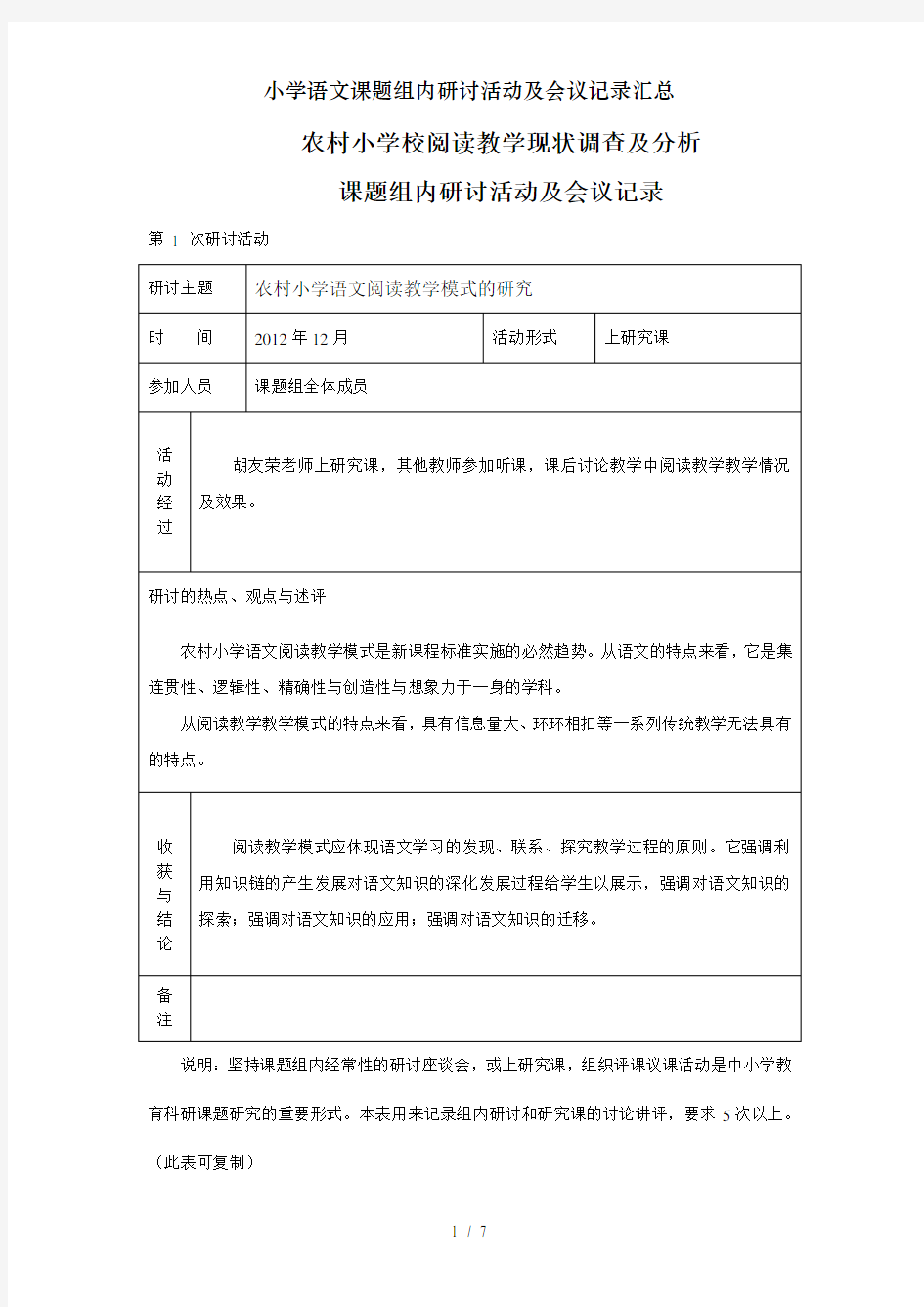 小学语文课题组内研讨活动及会议记录汇总