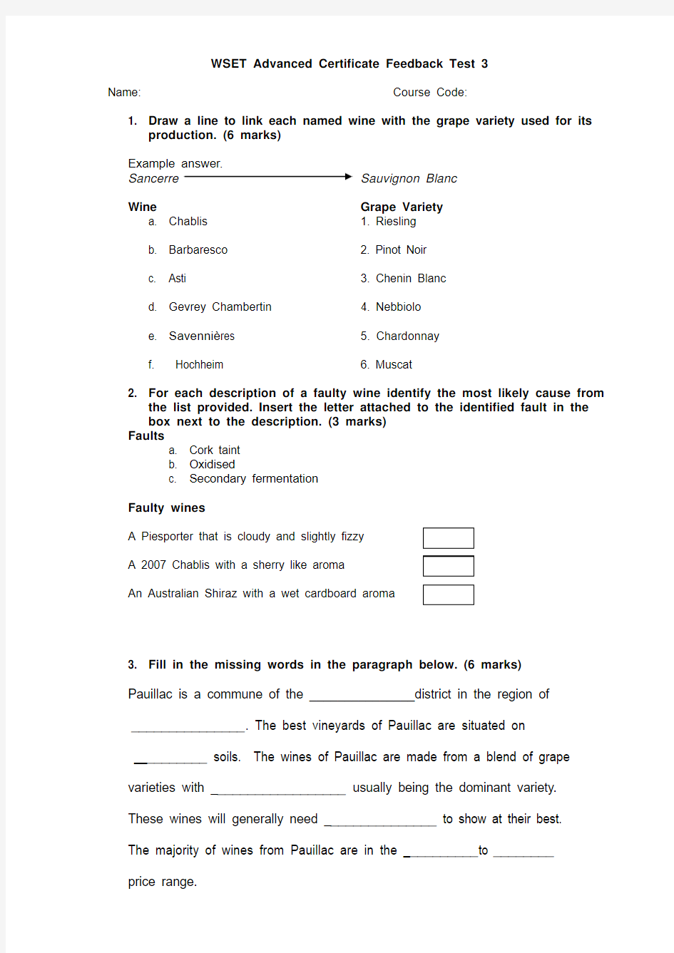 WSET Advanced Feedback Test 3 Exam Paper