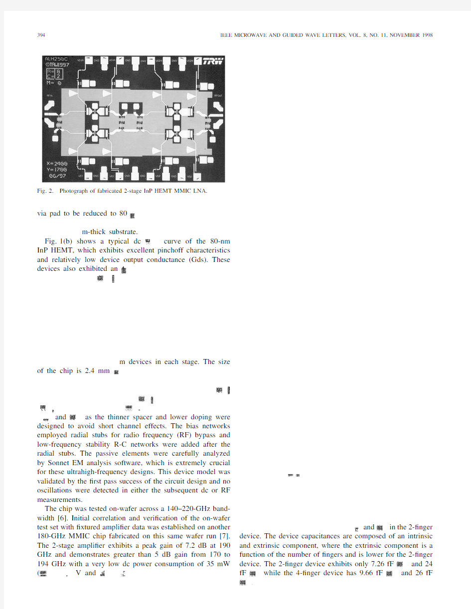 An InP HEMT MMIC LNA with 7.2-dB gain at 190 GHz