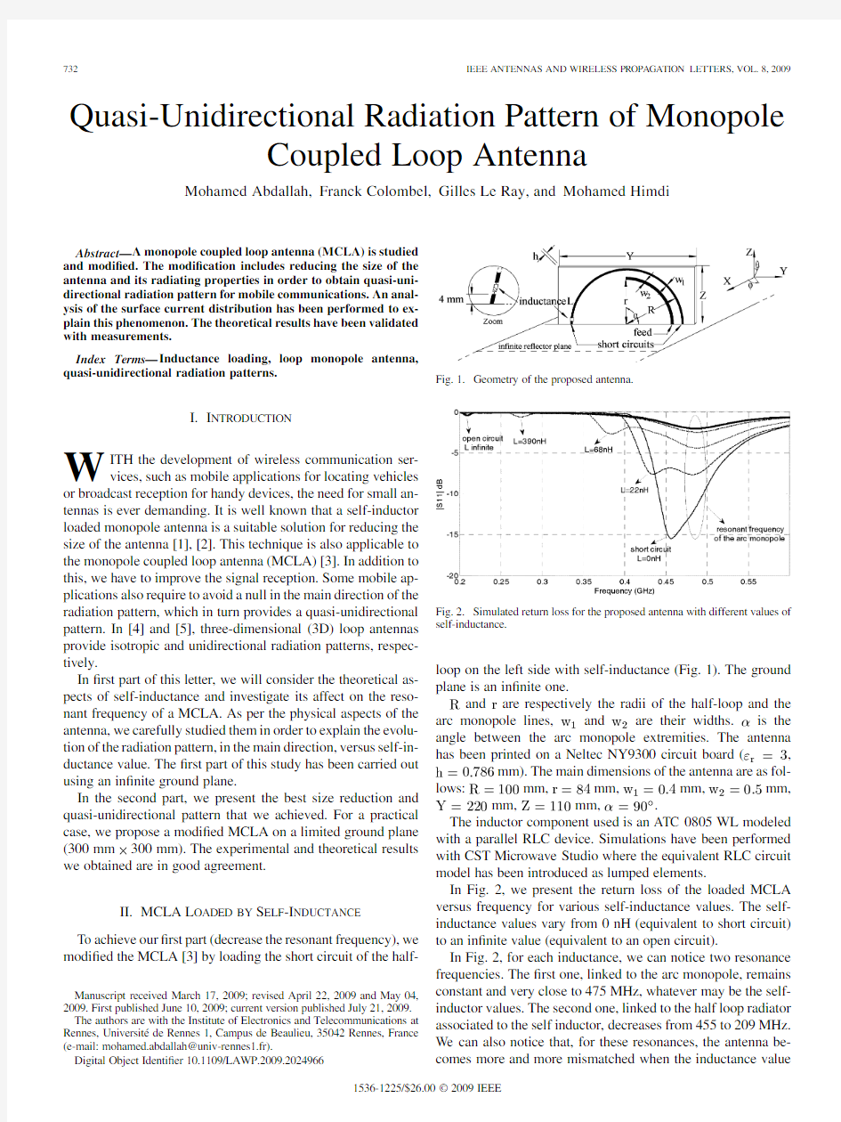 Abdallah et al. - 2009 - Quasi-Unidirectional Radiation Pattern of Monopole Coupled Loop Antenna