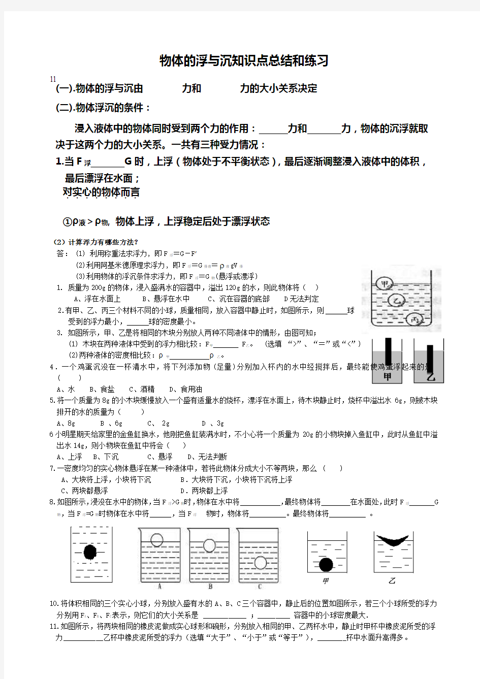 物体的浮与沉知识点总结和练习