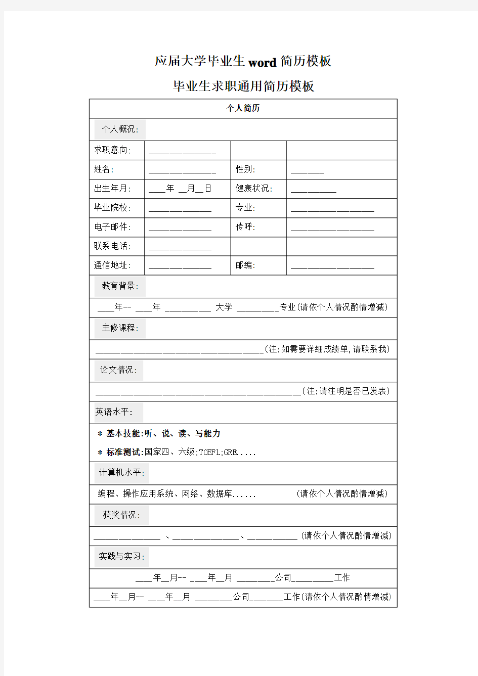 大学生word简历模板+参考范文