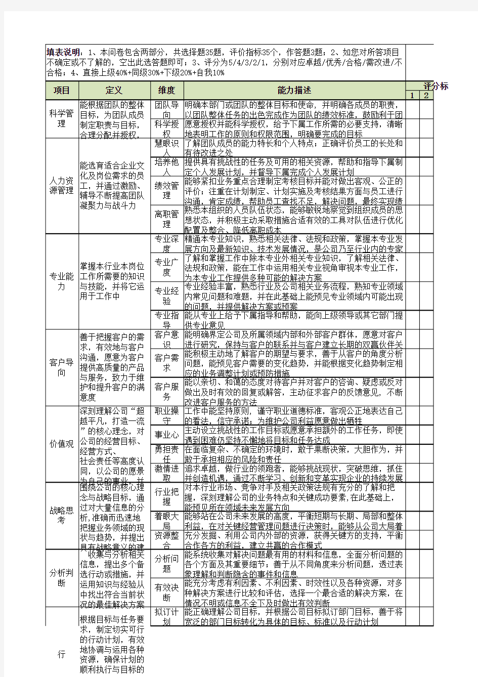 360度绩效评估问卷