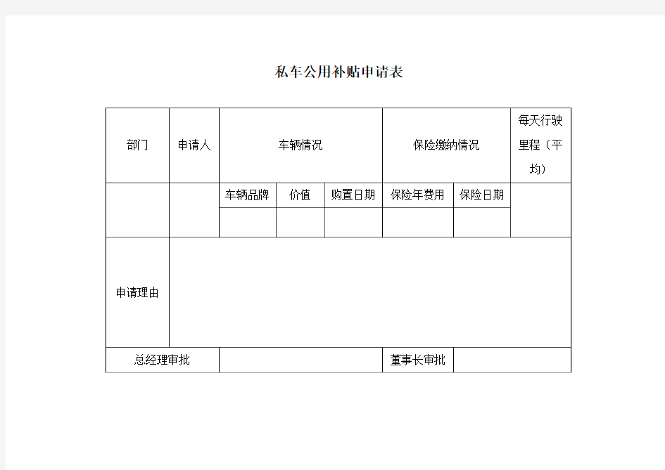 私车公用补贴申请表