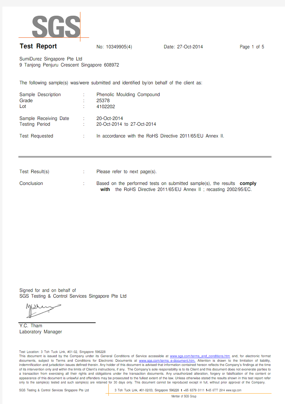 DMC 25378 RoHS - SGS Test Report (27 Oct 2014)