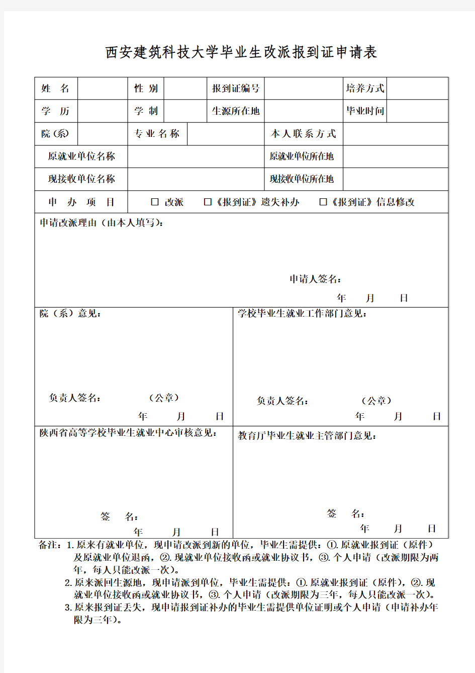 陕西省高校毕业生改派申请表(统一格式)