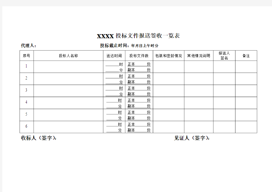 投标文件报送签收一览表