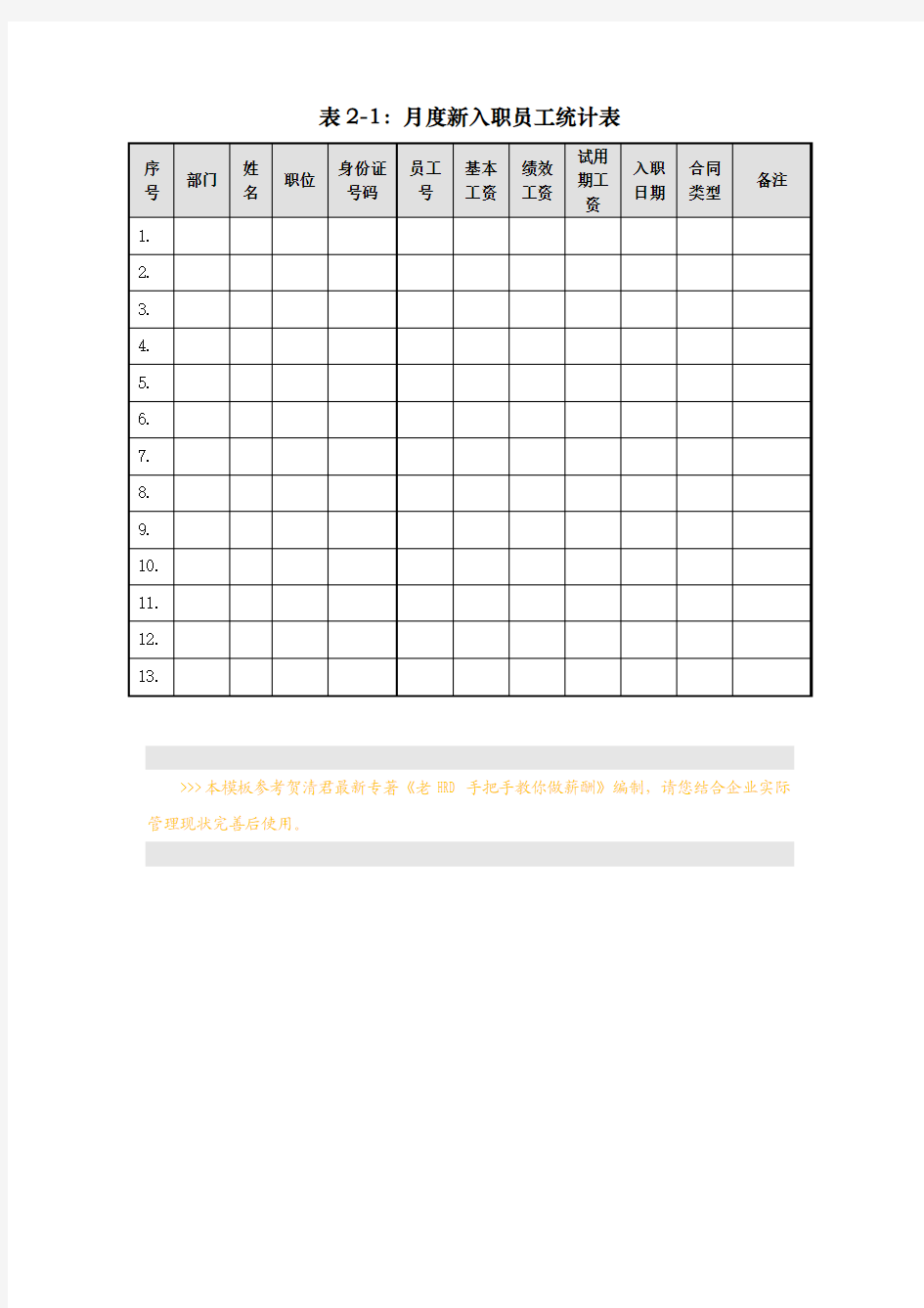 月度新入职员工统计表(免费下载)