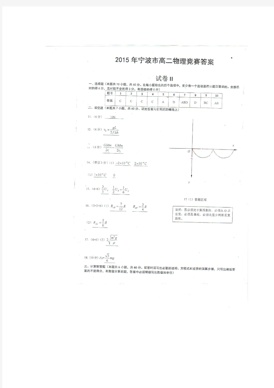 2015年宁波市高二物理竞赛试题答案