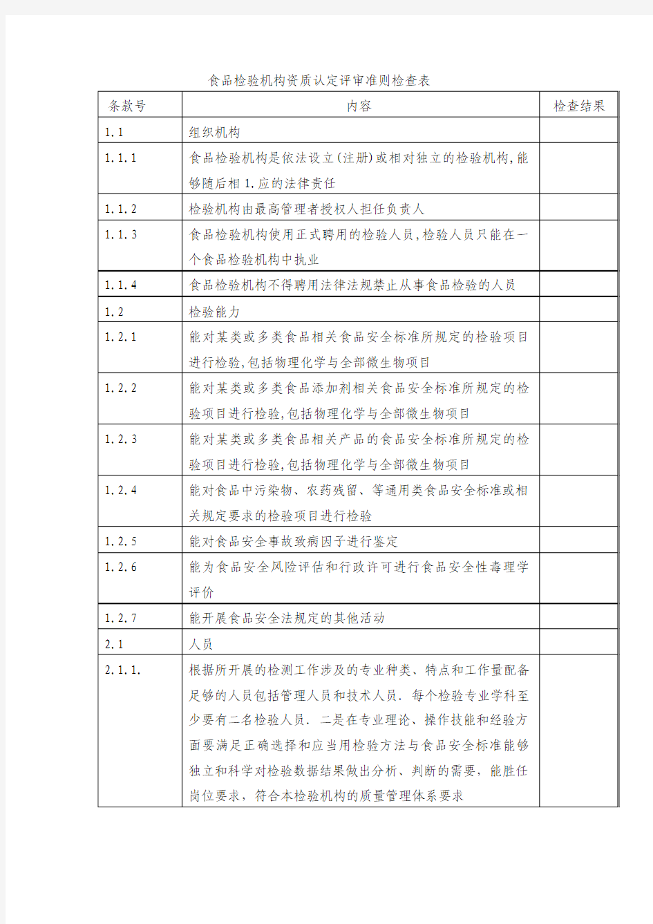 食品检验机构资质认定评审准则检查表