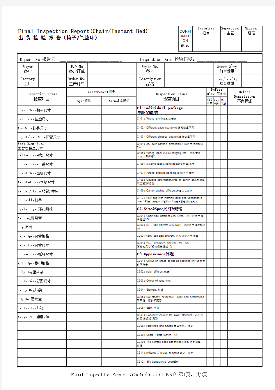 出货检验报告-Chair And Instant Bed