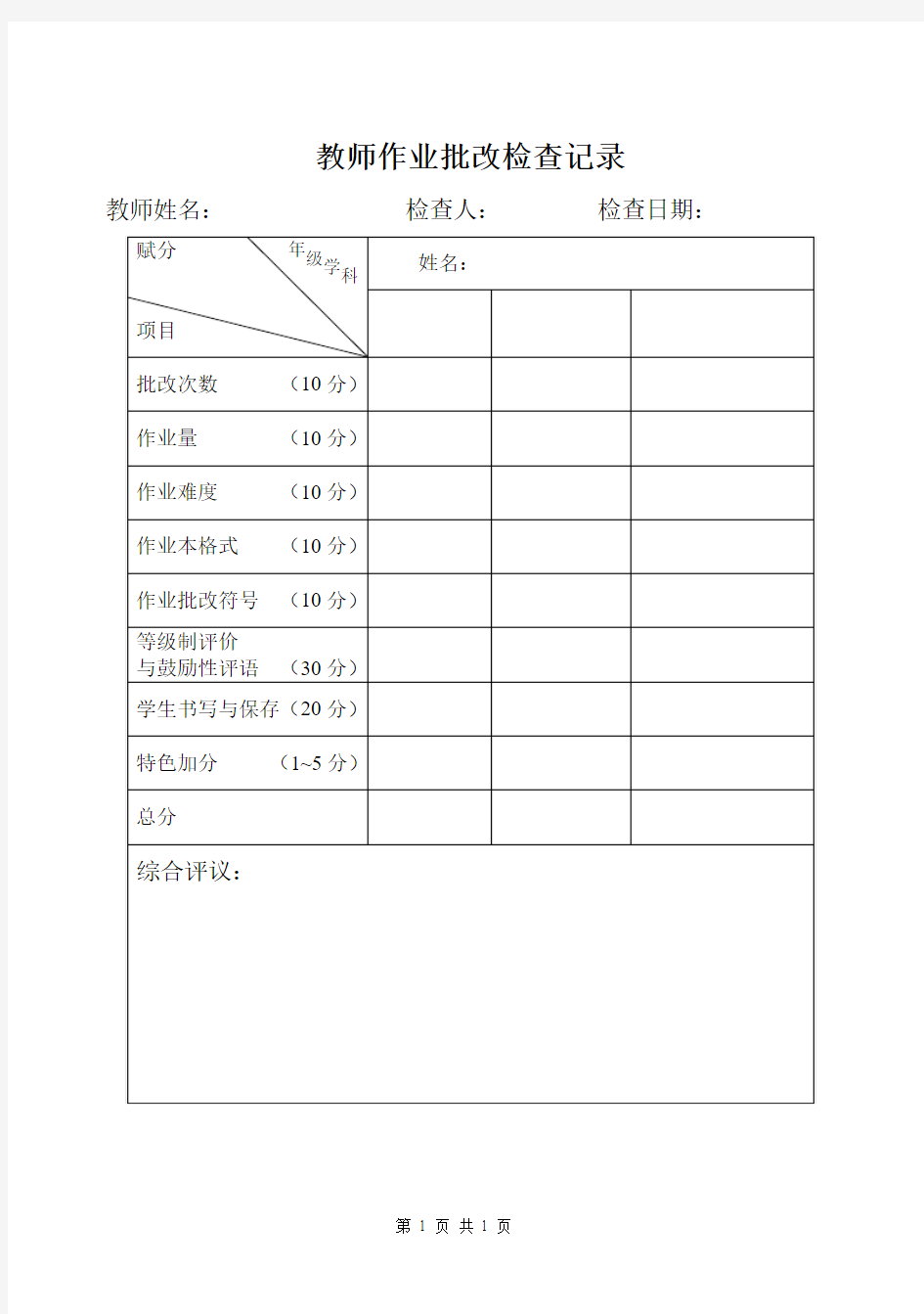 教师作业批改检查记录表