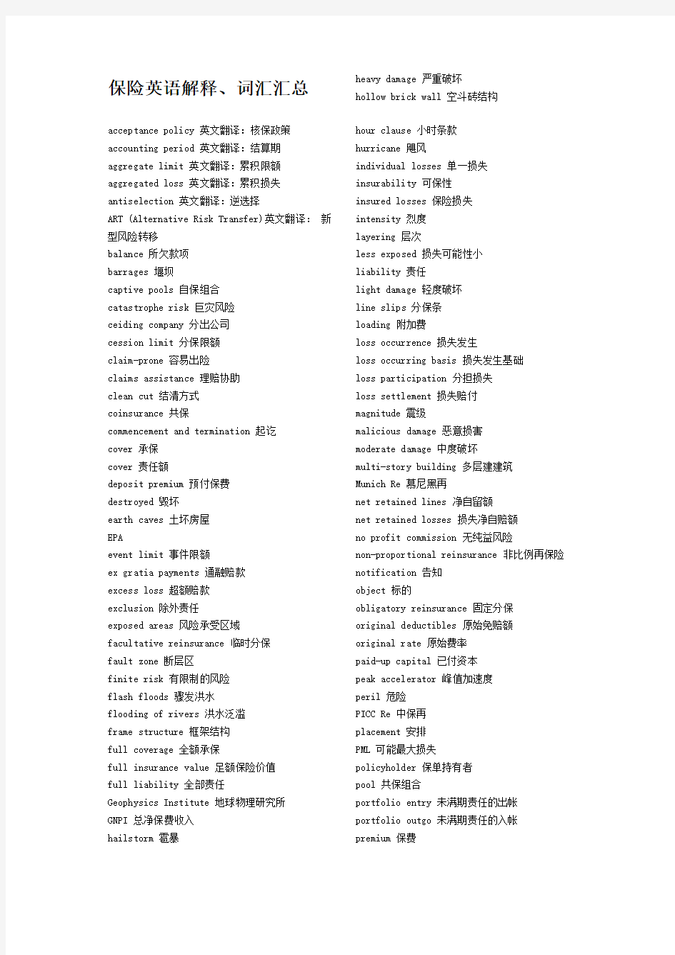 保险英语解释、词汇汇总