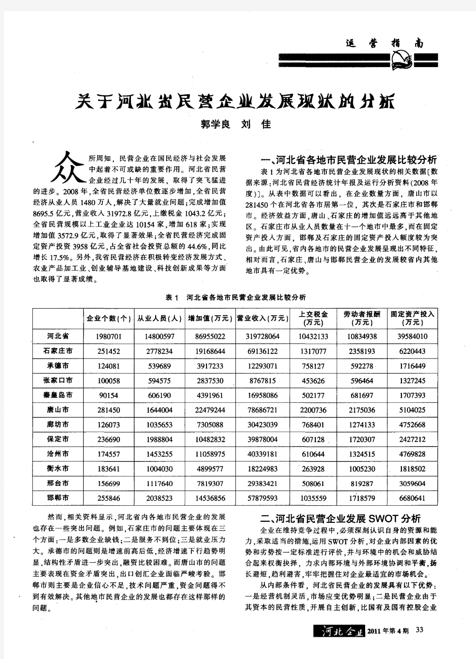 关于河北省民营企业发展现状的分析