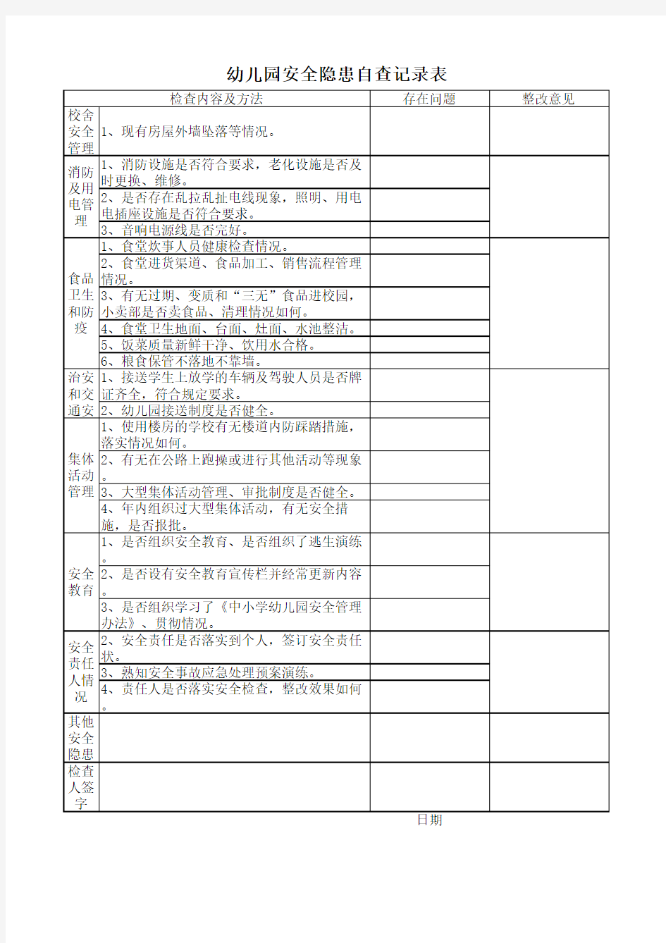 幼儿园安全隐患排查记录表