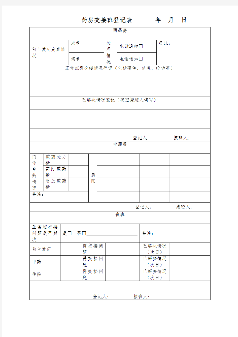 交接班登记表