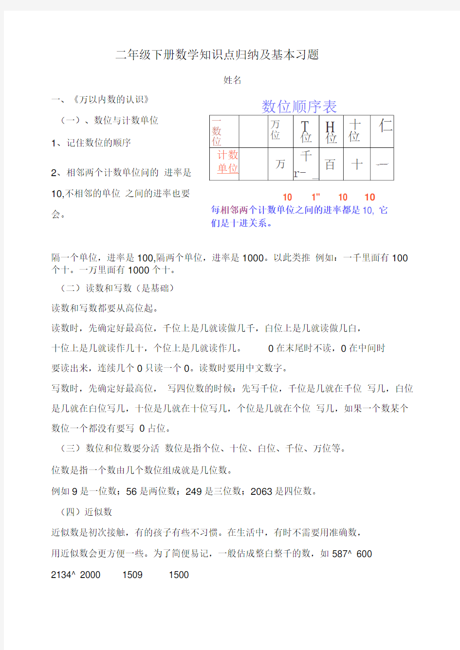 (完整版)青岛版五四制二年级数学下册知识点归纳及基本习题