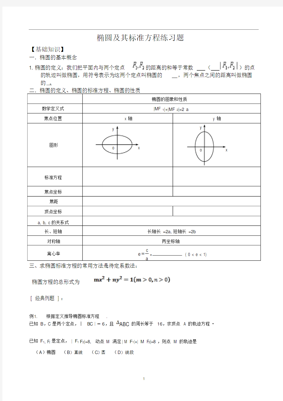 椭圆及其标准方程练习题