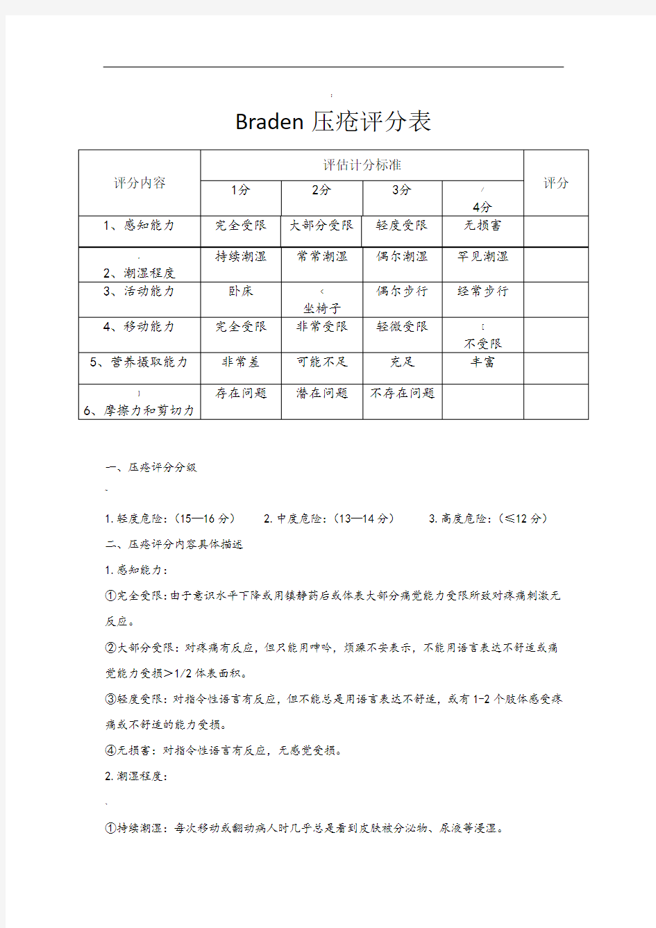 braden压疮评分表