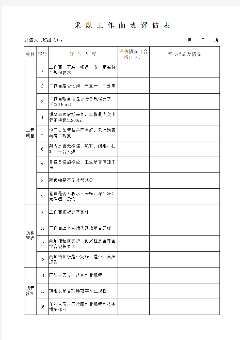 综采工作面 班评估表 (双面  每本48张)