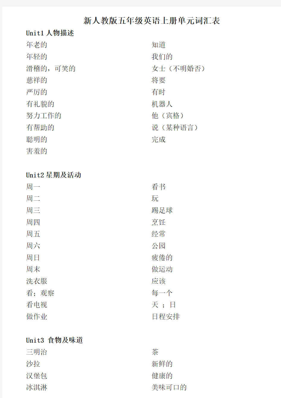 新人教版五年级英语上下册单词表(只中文)