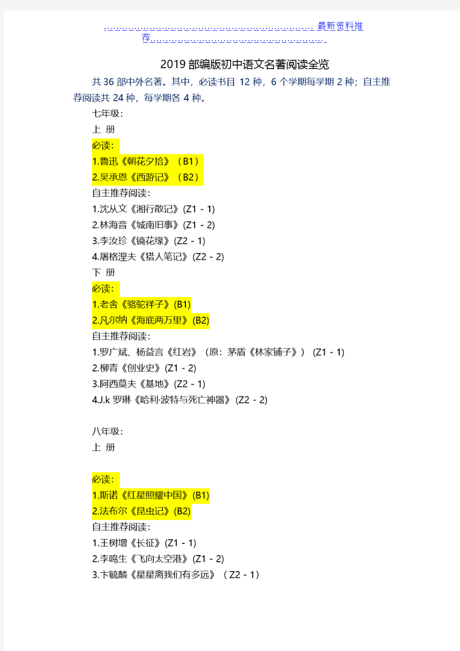 2019部编版初中语文名著阅读全览