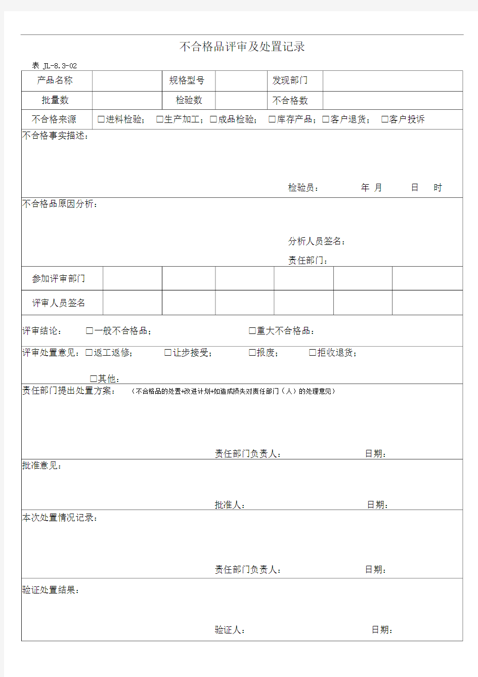 不合格品评审及处置记录