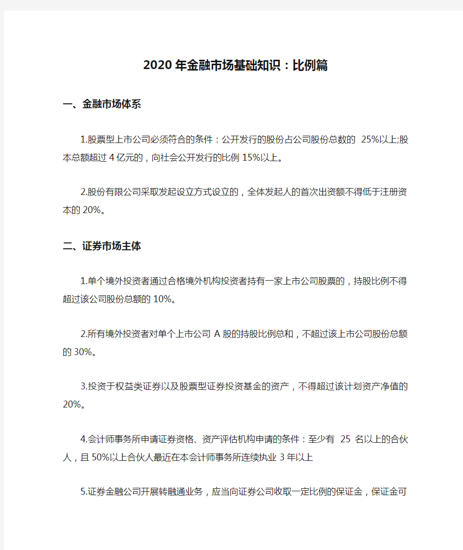 2020年金融市场基础知识：比例篇