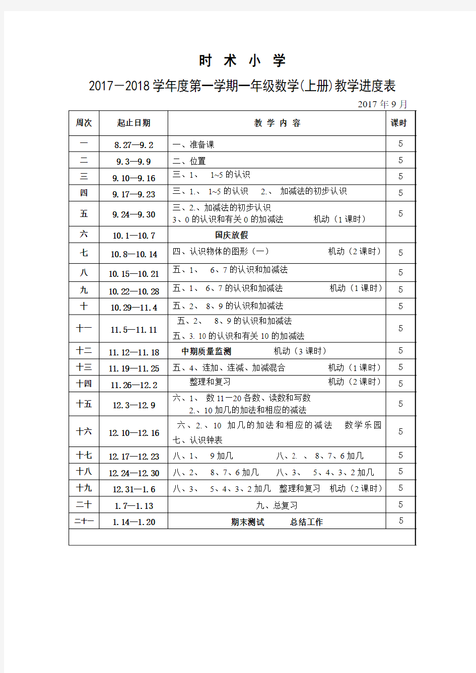 小学一年级上册数学教学进度表(2017-2018)