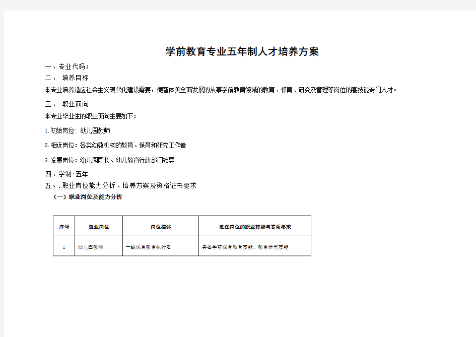 学前教育专业五年制人才培养方案