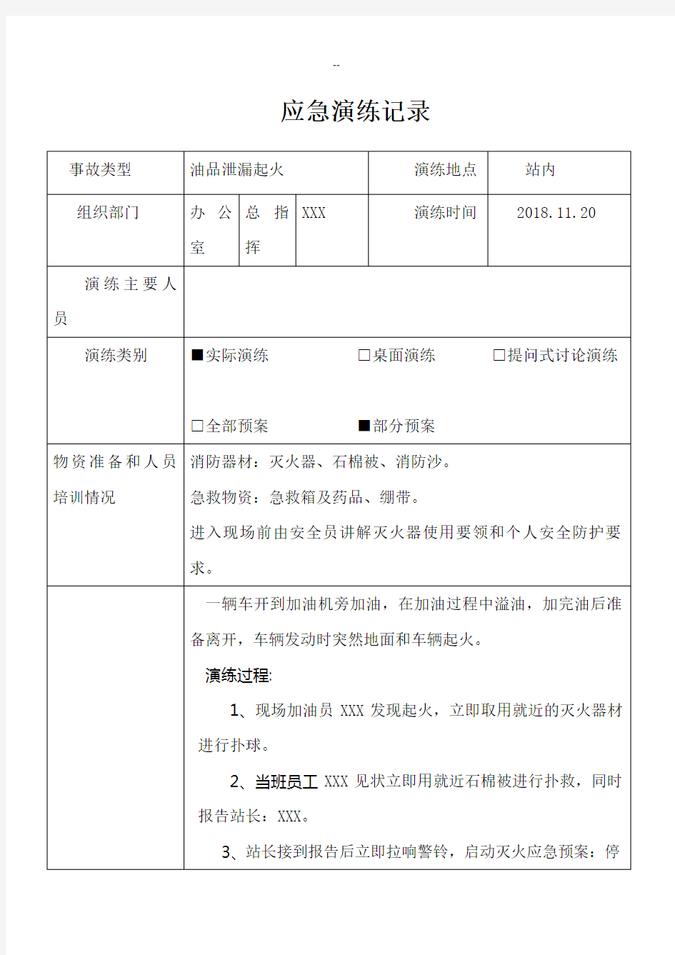 XX加油站应急预案演练记录油品泄漏起火