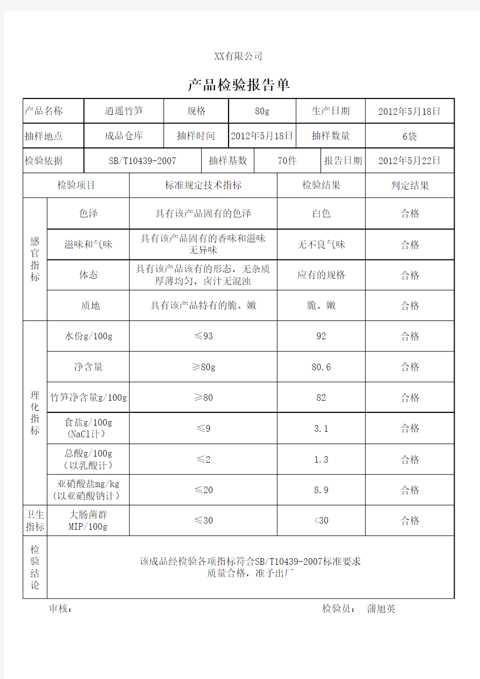 公司产品检验报告单excel模版下载