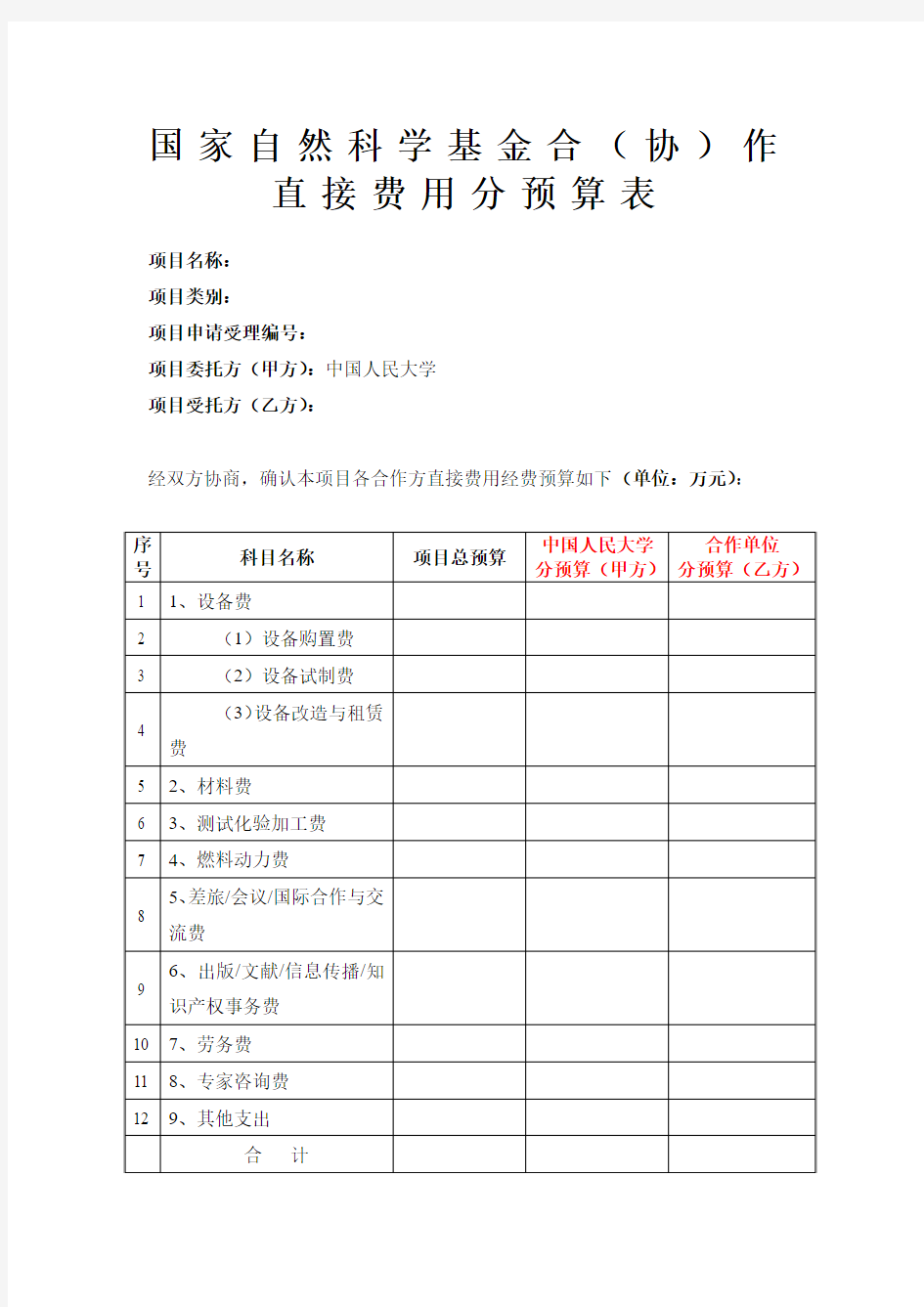 【最新】国家自然科学基金合(协)作直接费用分预算表【精品】